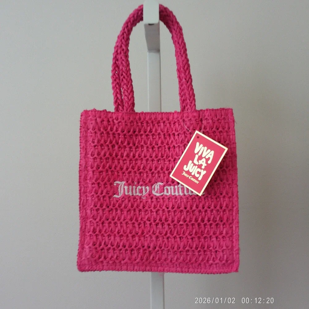 Juicy Couture Straw Beachy Tropical Y2K Coastal Dainty Mini Tote Bag Pink